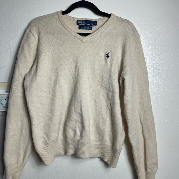 Polo by Ralph Lauren v neck Sweater, Lambswool, cream Size L - Picture 3 of 6